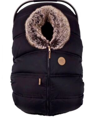 Petit coulou baby car seat winter cover (Like New) Black Onyx and fur trimming